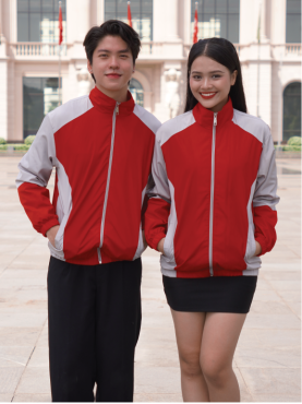 Áo Khoác Gió Đồng Phục Doanh Nghiệp Dáng Thể Thao, Năng Động Vải Nano Trượt Nước Cao Cấp - Đỏ Phối Xám
