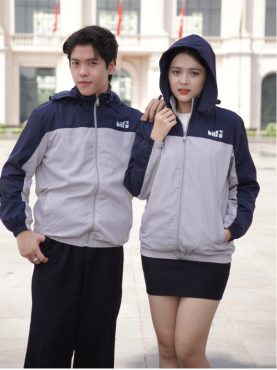 Áo Gió Đồng Phục Doanh Nghiệp Nano Trượt Nước Cao Cấp Có Nón Rời Xám Phối Xanh Đen