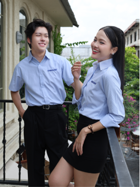 Đồng Phục Áo Sơ Mi Sọc Xanh Dương Thêu Logo Samsung
