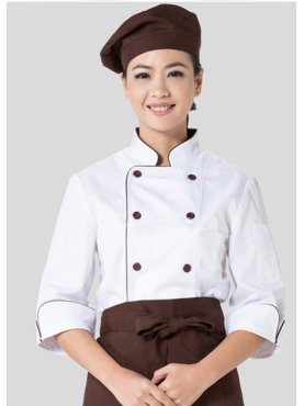 Áo bếp màu trắng phối tạp dề nâu