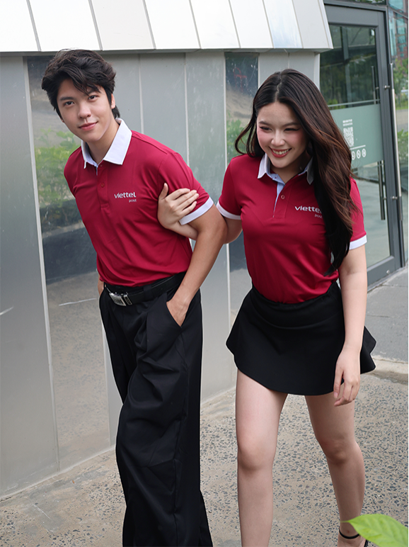 Áo Polo Éland Màu Đỏ Phối Bo Trắng In Logo Viettel 